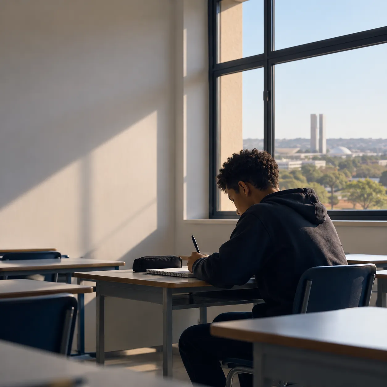 Estudante escreve em uma carteira, ao lado de uma janela com vista para a Esplanada dos Ministérios, em Brasília