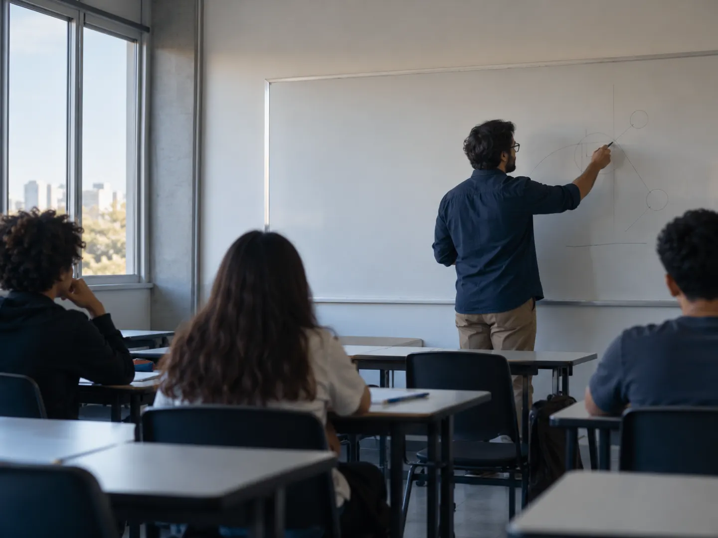 Educador escreve no quadro branco enquanto estudantes acompanham a aula